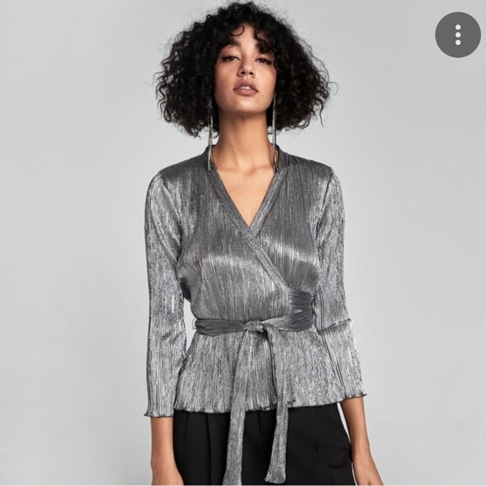 ZARA Metallic Silver Wrap Top